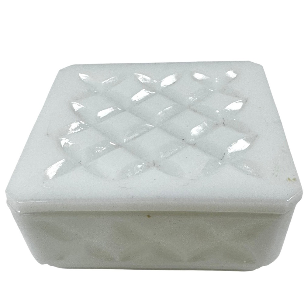 Vintage White Milk Glass Quilted Diamond Square Trinket Box Vanity Jar Lid MCM